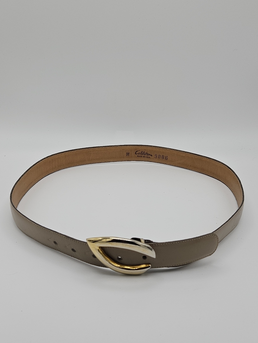 vintage Calderon tan belt with stylized gold tone C buckle medium